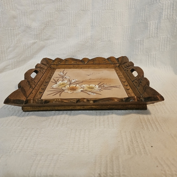 Wood Ceramic Tile Bowl Square Carved Fruit Centerpiece w/ Handles Circa 80's - Picture 3 of 11